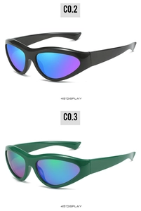 Detailed 45-degree view of streamlined Y2K sports sunglasses with colorful mirrored lenses