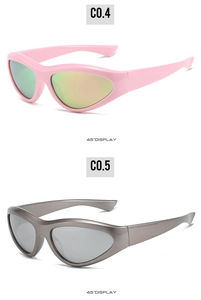 45-degree angle display of Y2K futuristic sports sunglasses with colorful lenses