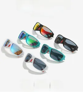 Close-up of stylish cycling sunglasses with multi-color frames and anti-slip nose pads