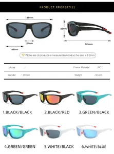 Size chart and specifications for sports cycling sunglasses with PC frame measurements