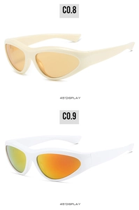 Vertical view of Y2K sports sunglasses in cream and white frames with 45-degree angle