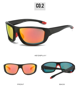Three-angle view of sports cycling sunglasses with matte black frames and red-orange lenses