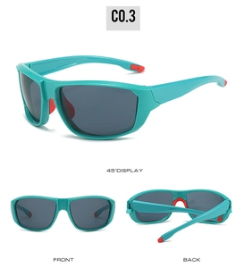 Detailed multi-angle view of cycling sunglasses in teal with red accents and gray lenses