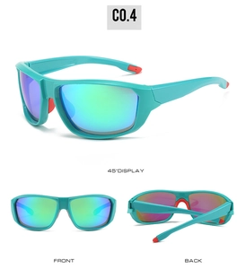Three views of sports cycling sunglasses with green frame and colorful gradient lenses