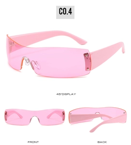 Detailansicht der pinkfarbenen randlosen Shield-Sonnenbrille mit Stern-Dekor und Sport-Design