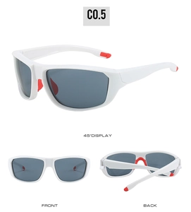 Multi-angle views of white sport sunglasses with red anti-slip pads and grey lenses