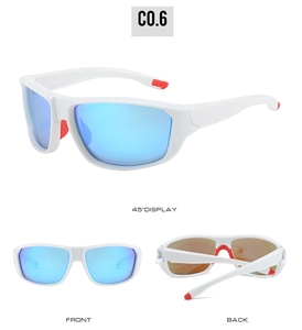 Front and side views of white cycling sunglasses with blue mirrored lenses and red tips