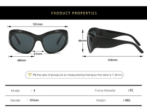Detailliertes Diagramm der Y2K Cat-Eye-Radbrille mit Abmessungen des PC-Rahmens