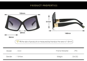 Diagramme détaillé montrant les dimensions des lunettes de soleil nœud et les specs PC
