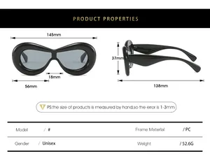 Size guide with detailed dimensions for Y2K wrap-around sunglasses made of PC material