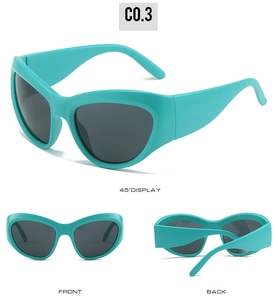 Detaillierte Mehrwinkelansicht der türkisfarbenen Cat-Eye-Sonnenbrille mit grauen Gläsern