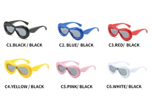 Detailed grid of Y2K thick oval sunglasses in black, blue, red, yellow, pink, and white