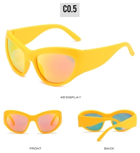 Drei Ansichten der gelben Cat-Eye-Radbrille mit bunten, reflektierenden Gläsern