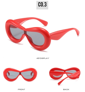 Three views of bold red Y2K sunglasses with thick frames and grey lenses detail