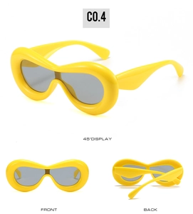 Y2K bright yellow puffy frame sunglasses with dark grey lenses in multiple view angles