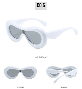 Three-angle view of white chunky frame Y2K sunglasses with grey lenses and wrap design