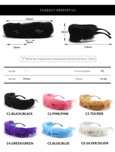 Plush sunglasses detailed size specifications and multi-color options chart in six vibrant hues