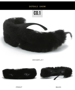 Macro detail of plush faux fur sunglasses frame showing soft texture and temple arms