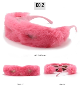 Pink plush faux fur sunglasses shown from front, back, and 45-degree angles