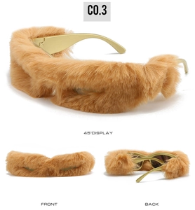 Detailed views of plush faux fur sunglasses in tan with golden metal arms and frame