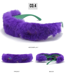 Detailed views of plush purple sunglasses with green temples and dark lenses