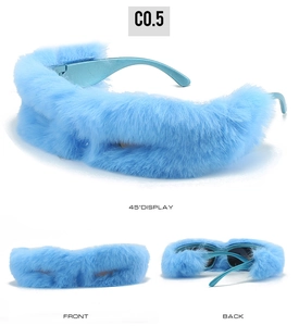 Multi-angle view of fuzzy blue plush sunglasses with faux fur trim and blue metal arms