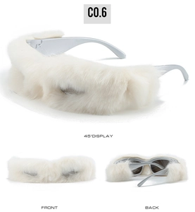 Three-view detail of white faux fur sunglasses with matte silver legs in Y2K style