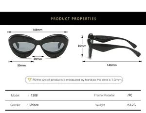 Size chart showing dimensions of stylish cat eye sunglasses with thick PC frames
