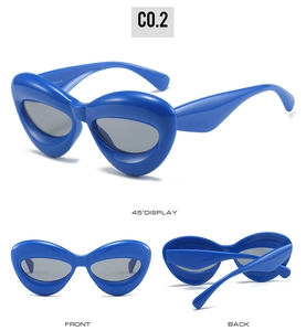 Three-angle views showing front, back, and 45-degree angle of blue cat-eye sunglasses