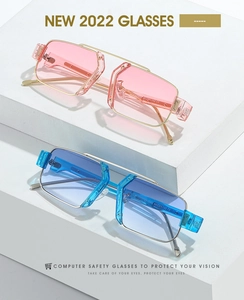 Detail of metal square frame sunglasses with colorful pink and blue lenses on display