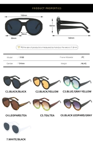 Detailed size chart and technical specifications for large frame vintage oval sunglasses