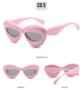 Pink chunky cat eye sunglasses with grey lenses shown from front and side view angles