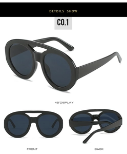 Detailed three-way view of retro black double-bridge oval sunglasses for women