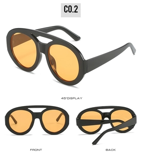 Detailed multi-angle views of retro oversized oval sunglasses with orange lenses