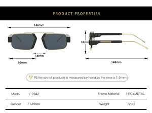 Detailed sizing chart and specifications for the square metal fashion sunglasses
