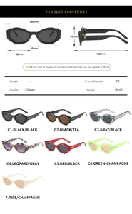 Detailed technical specification chart and dimensions for small frame retro sunglasses