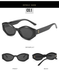 Three-angle view showing frame structure and gold accents on black geometric sunglasses