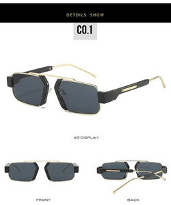 Detail views of retro geometric sunglasses showing 45-degree angle, front and back