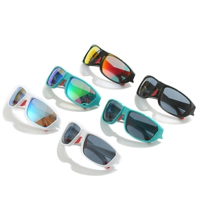 Multiple cycling sunglasses with colorful mirrored lenses and non-slip red nose pads