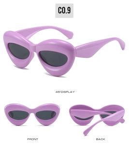Three-angle display of purple cat-eye heart sunglasses showing front and back views