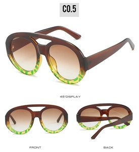 Three-angle view of vintage oversized sunglasses with green tortoise patterns and brown lenses
