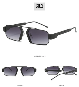 Detailed views of metallic square sunglasses with dual bridge and grey gradient lenses