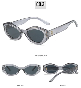 Detailed multi-angle views of gray translucent cat-eye sunglasses with gold diamond accent