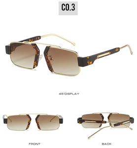 Detailed views of gold metal square sunglasses with gradient lenses and tortoise shell accents