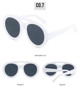 Three-view layout of white oversized oval sunglasses with dual bridge and dark grey lenses
