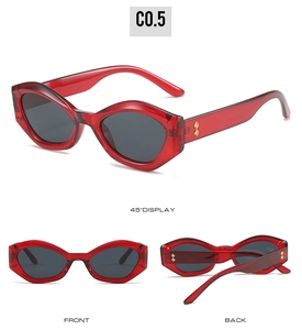 Detailed views of red small frame sunglasses with grey round lenses and gold accents