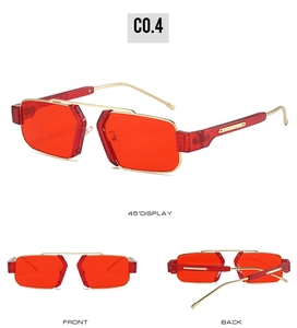 Detailed views of gold square metal sunglasses with transparent red lenses and double bridge