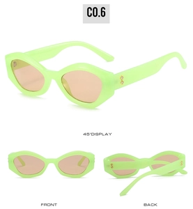 Three-angle display of neon green geometric cat-eye sunglasses with orange lenses
