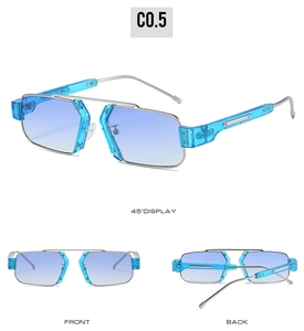 Multi-angle view of square metal sunglasses with blue gradient lenses and silver frames