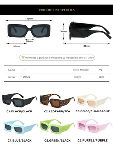 Detailed size chart for retro rectangular sunglasses showing dimensions and color variants